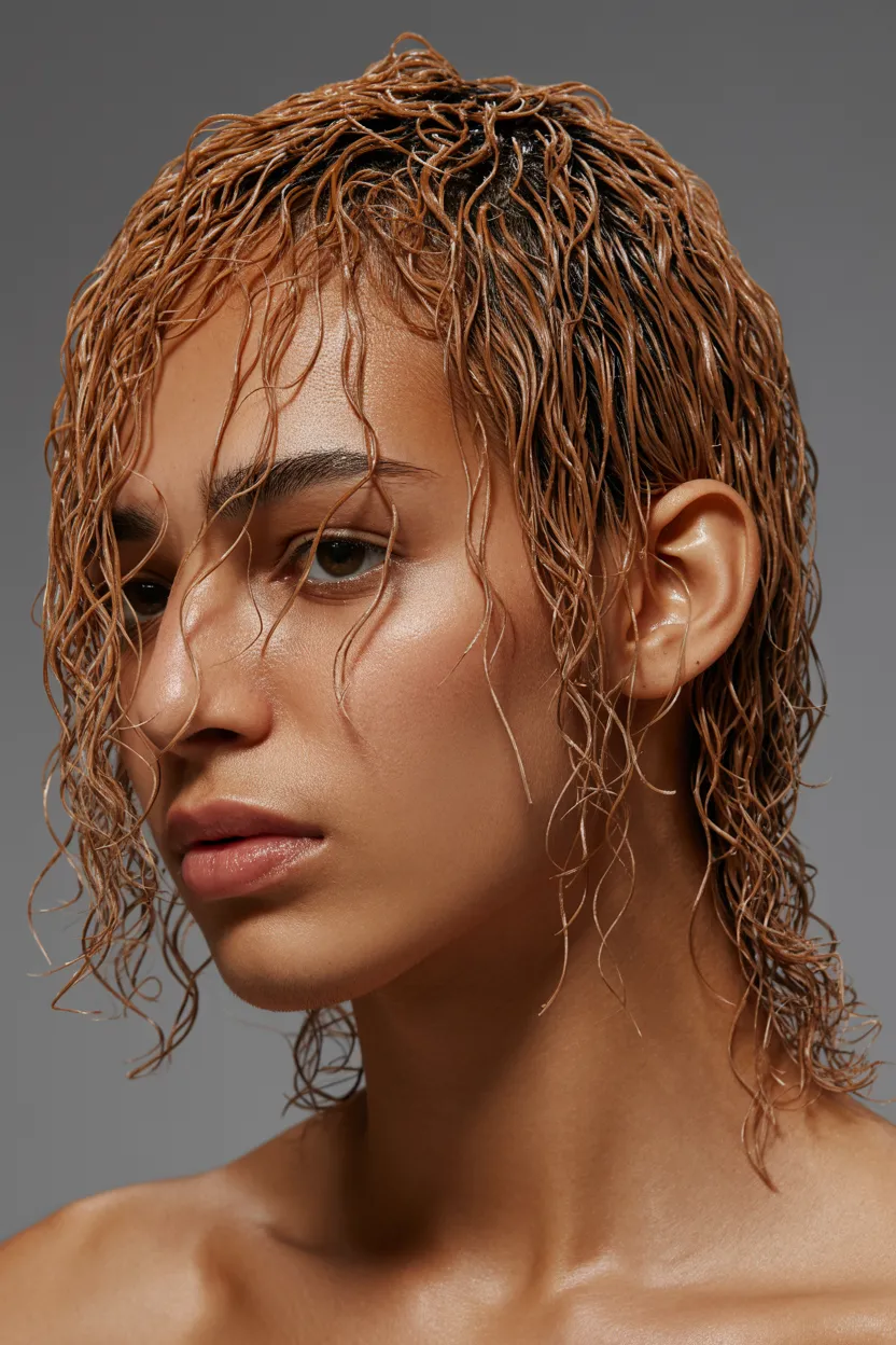 wolf cut with textured fringes
