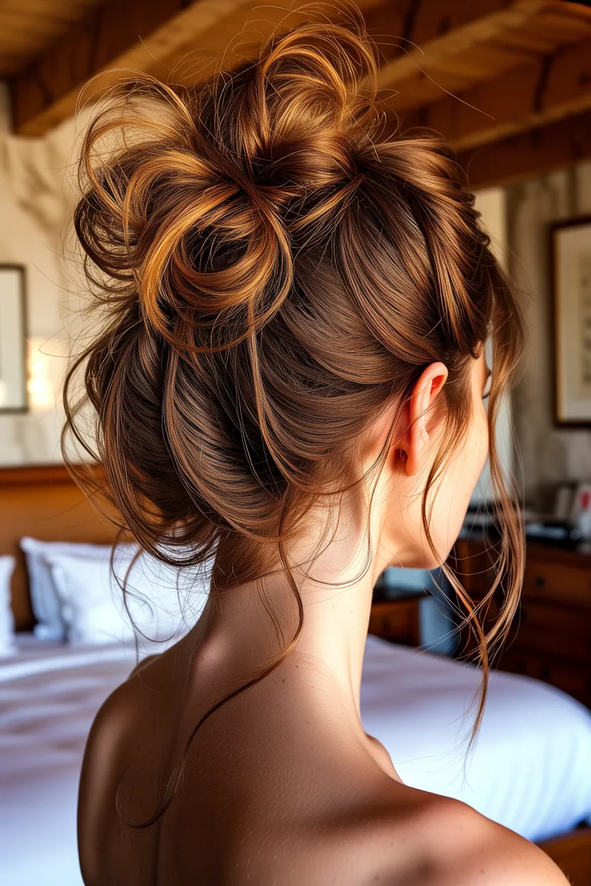 messy updo spiraled strands