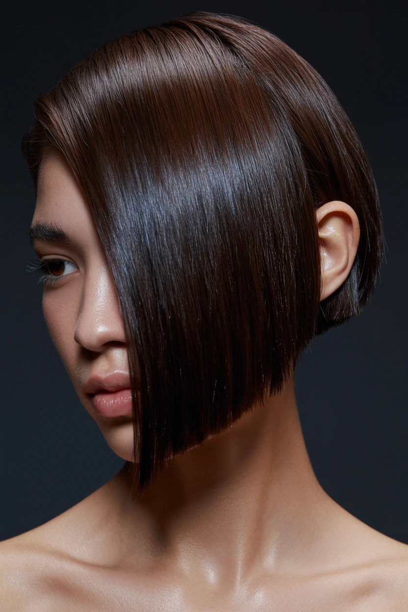 slicked angled asymmetrical bob