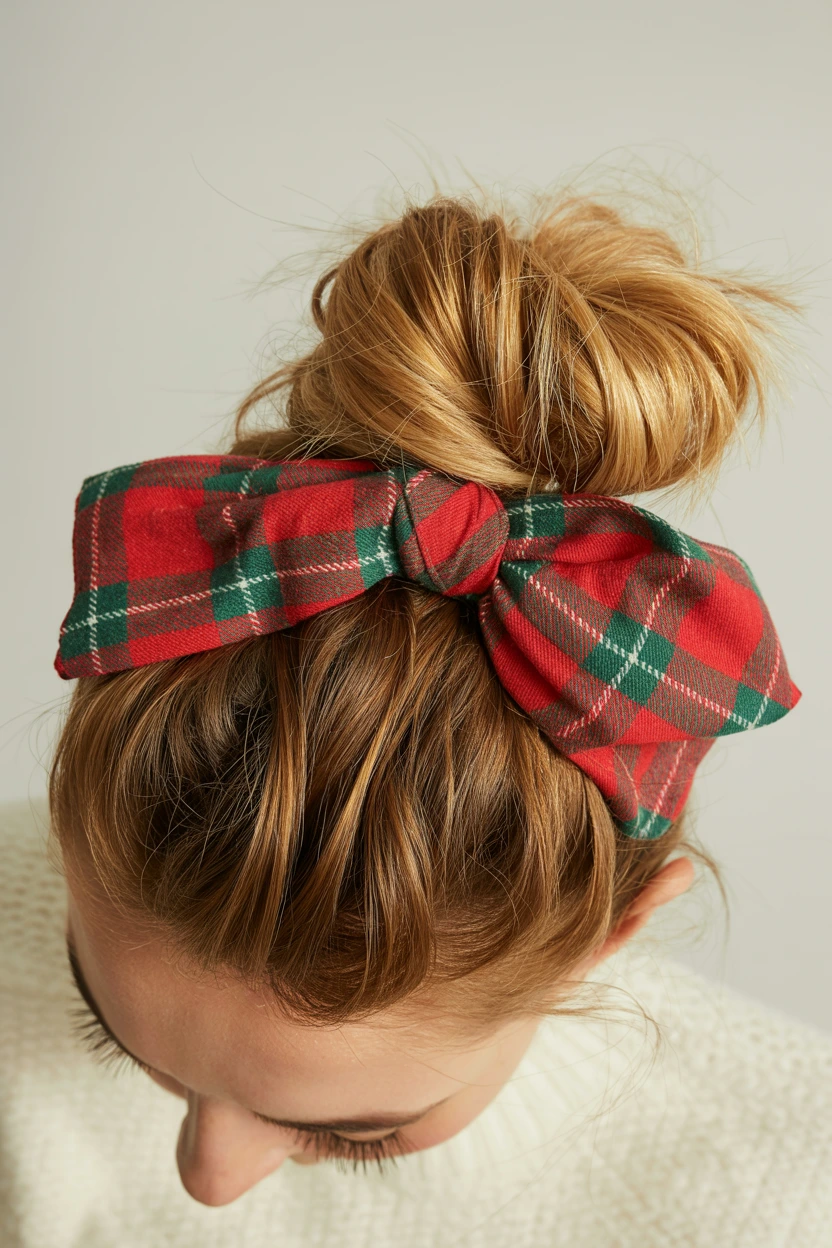 plaid fabric messy topknot