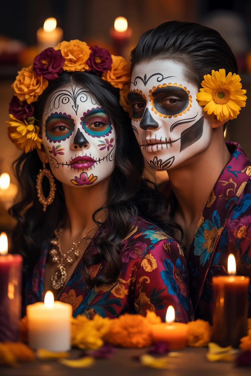 vibrant sugar skull couples halloween costume