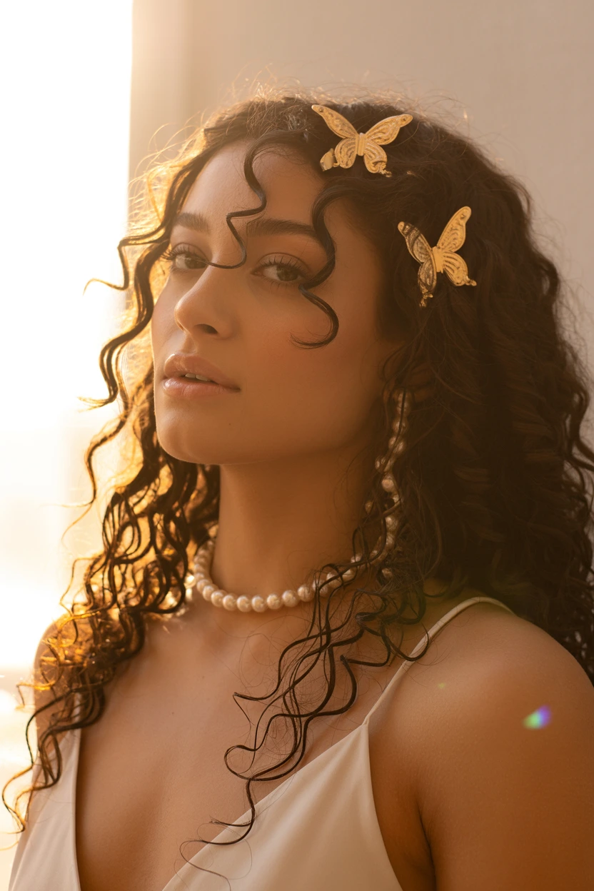 pinned-back goddess curly hairstyle